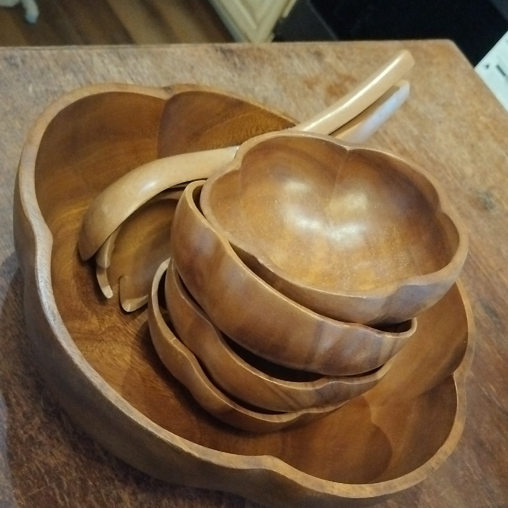 Vintage Monkey Pod wood salad bowl set 7pc. 119GW11
